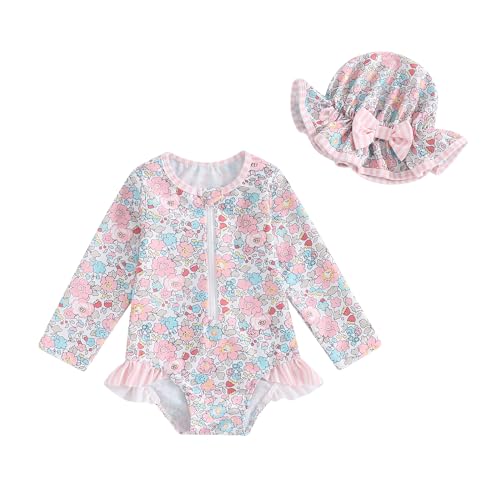 Lerrita Baby Mädchen Badeanzug Rashguard Blumen/Erdbeeren Muster Jumpsuit Sonnenanzug Langarm UPF 50+ Rüschen Einteiliger Bademode 2 Teiliger Badeanzüge Schwimmanzug+Sonnenhut Hawaii Rüschen Bademode von Lerrita