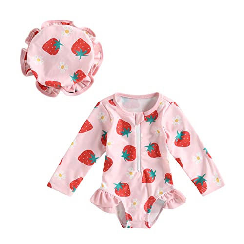Lerrita Baby Mädchen Badeanzug Rashguard Blumen/Erdbeeren Muster Jumpsuit Sonnenanzug Langarm UPF 50+ Rüschen Einteiliger Bademode 2 Teiliger Badeanzüge Schwimmanzug+Sonnenhut Hawaii Rüschen Bademode von Lerrita