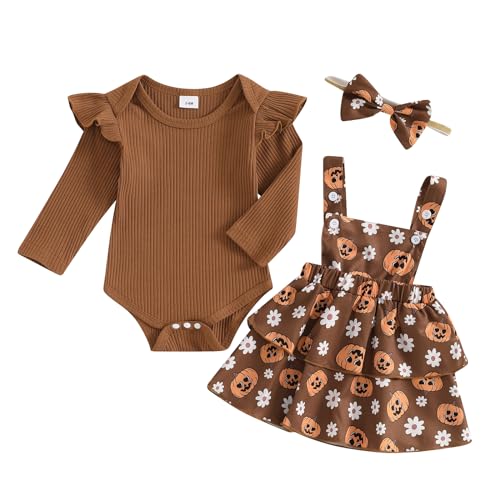 Lerrita Baby Mädchen Halloween Hosenträger Rock Set Halloween Kürbis Prinzessin Rock Set My 1st Halloween Outfit Langarm Rüschen Bodysuit Sweatshirt +Fledermaus/Kürbis/Geist Rock+Stirnband von Lerrita