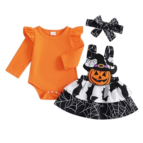 Lerrita Baby Mädchen Halloween Hosenträger Rock Set Halloween Kürbis Prinzessin Rock Set My 1st Halloween Outfit Langarm Rüschen Bodysuit Sweatshirt +Fledermaus/Kürbis/Geist Rock+Stirnband von Lerrita