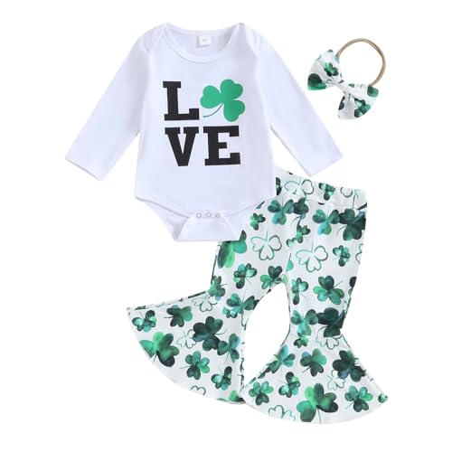 Lerrita Baby Mädchen St.Patrick's Day Outfits Set 2 Teiliges St.Patrick's Day Kostüm Sets Lang/Kurzarm Kleeblatt Druck Sweatshirt+Schlaghosen Baby Mädchen St.Patrick's Day Hosen Set Streetwear von Lerrita