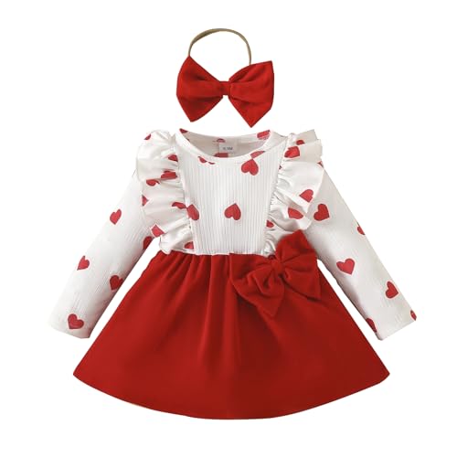 Lerrita Baby Mädchen Valentinstag Kleid Langarm Herz gedruckt Rippenstrick Kleid Mode Valentinstag Prinzessin Kleid mit Haarband Mädchen Valentinstag Liebe Pit Stripe Kleid von Lerrita