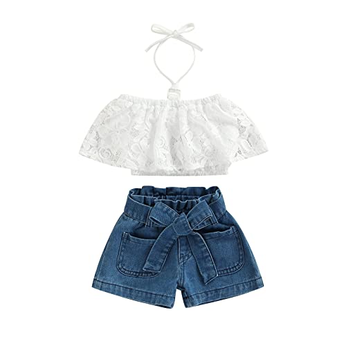 Lerrita Baby Sommer Bekleidungsset Spitze Neckholder T-Shirt + Denim Kurze Hose Kleines Mädchen 2-Teiliges Outfits Mode Kurzarm Spitzen Crop Top Jeanshosen mit Schnürung Babysuit 1-5 Jahre von Lerrita