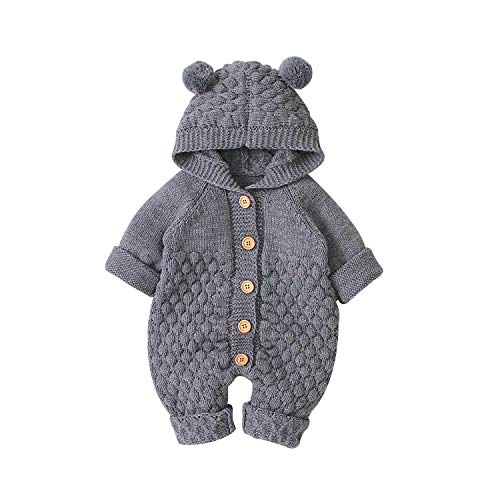 Lerrita Baby Strick Strampler Gestrickte Overall Süße Ohren Kapuzen Jumpsuit Langarm Einfarbiger Knopf Overall Warme Herbst Winter Outfits Einteiler Bodysuit 0-24 Monate von Lerrita