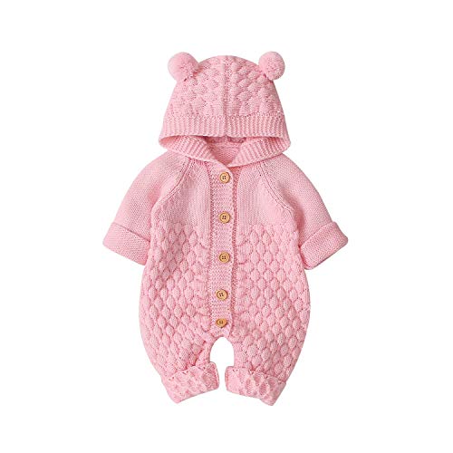 Lerrita Baby Strick Strampler Gestrickte Overall Süße Ohren Kapuzen Jumpsuit Langarm Einfarbiger Knopf Overall Warme Herbst Winter Outfits Einteiler Bodysuit 0-24 Monate von Lerrita