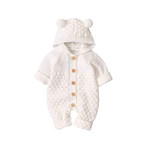 Lerrita Baby Strick Strampler Gestrickte Overall Süße Ohren Kapuzen Jumpsuit Langarm Einfarbiger Knopf Overall Warme Herbst Winter Outfits Einteiler Bodysuit 0-24 Monate von Lerrita