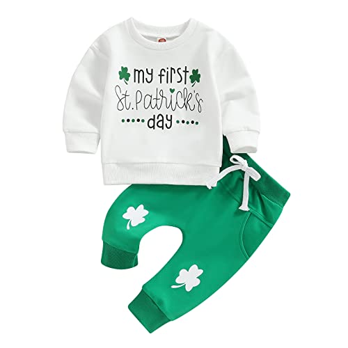 Lerrita Baby Unisex St.-Patrick's Day Outfit 2/3 Teiliges St. Patrick's Hosen Set Langarm Shamrock Kleeblatt Muster Sweatshirt +Kordelzug Hosen+Strinband Baby St.-Patrick's Bekleidungsset Streetwear von Lerrita