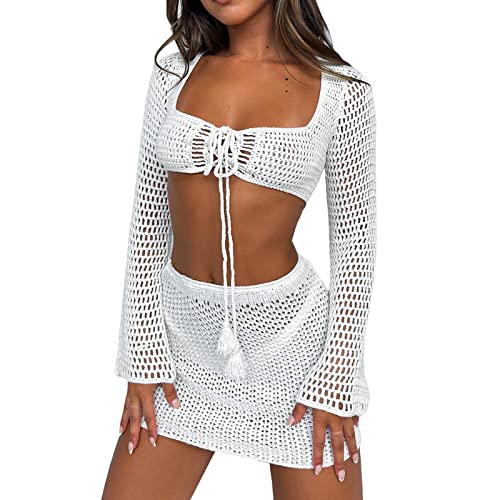 Lerrita Damen Bikini Cover Ups Häkeln Strickrock Set 2 Teiliges Crochet Rock Set Sexy Langarm Einfarbig Hollow Out Tie-Up Crop Top+Wappend Rock Mode Bikini Cover Ups Strandwear Y2K Bodycon Streetwear von Lerrita