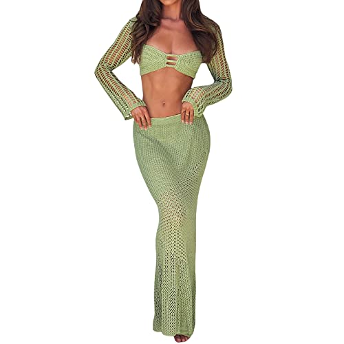 Lerrita Damen Bikini Cover Ups Häkeln Strickrock Set 2 Teiliges Crochet Rock Set Sexy Langarm Einfarbig Hollow Out Tie-Up Crop Top+Wappend Rock Mode Bikini Cover Ups Strandwear Y2K Bodycon Streetwear von Lerrita
