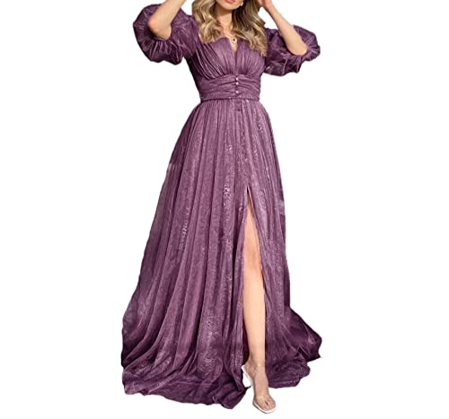 Damen Brautjungfer Kleid Elegantes Spitzenkleid Kurz Rüschenarm V-Ausschnitt Brautjungfer Maxi Kleid Hochzeitskleid Chiffon Schlitz Brautkleid S-XL von Lerrita
