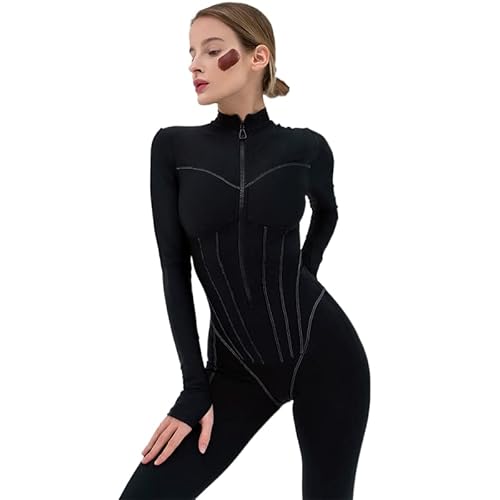 Lerrita Damen Eng Jumpsuit Yoga Overall Langarm Stehkragen Sportanzug Mit Reißverschluss Frauen Fitness Slim Fir Sport Trainingsanzug Bodycon Jogginganzug Mode Playsuits Hosenanzug Gymnastik Outfit von Lerrita