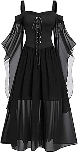 Lerrita Damen Halloween Kostüm Kleid Mittelalter Kleid Damen Übergröße Mesh Gothic Maxikleid Schulterfrei Schnürkleid mit Schmetterlingsärmeln Renaissance Cosplay Kleid Halloween Paryskleid von Lerrita