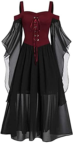 Lerrita Damen Halloween Kostüm Kleid Mittelalter Kleid Damen Übergröße Mesh Gothic Maxikleid Schulterfrei Schnürkleid mit Schmetterlingsärmeln Renaissance Cosplay Kleid Halloween Paryskleid von Lerrita