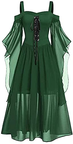 Lerrita Damen Halloween Kostüm Kleid Mittelalter Kleid Damen Übergröße Mesh Gothic Maxikleid Schulterfrei Schnürkleid mit Schmetterlingsärmeln Renaissance Cosplay Kleid Halloween Paryskleid von Lerrita