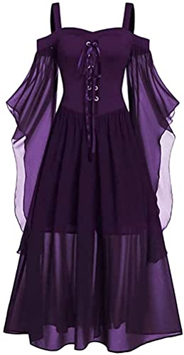 Lerrita Damen Halloween Kostüm Kleid Mittelalter Kleid Damen Übergröße Mesh Gothic Maxikleid Schulterfrei Schnürkleid mit Schmetterlingsärmeln Renaissance Cosplay Kleid Halloween Paryskleid von Lerrita