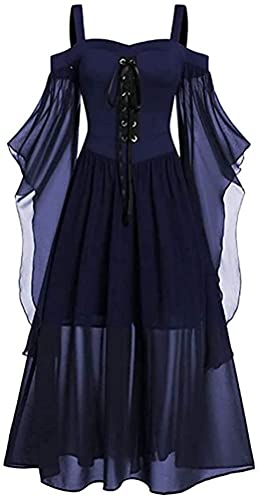 Lerrita Damen Halloween Kostüm Kleid Mittelalter Kleid Damen Übergröße Mesh Gothic Maxikleid Schulterfrei Schnürkleid mit Schmetterlingsärmeln Renaissance Cosplay Kleid Halloween Paryskleid von Lerrita