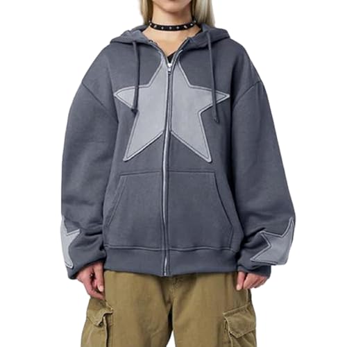 Lerrita Damen Herbst Kapuzenpullover Y2K Übergröße Reißverschluss Kapuzenjacke Langarm Y2K Zip Up Hoodie Schmetterling/Sterne Druck Sweatshirt mit Kapuze 90er Y2K E-Girl Übergangsjacke Streetwear von Lerrita