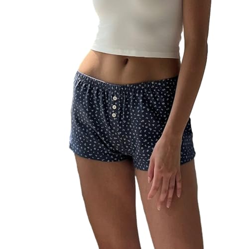 Lerrita Damen Pyjama-Shorts Gestreifte Einfarbige Kurze Hosen Blumen/Herz/Streifen Hohe Taille Kordelzug Kurze Hosen Herzmuster Schlafshorts Freizeit Hose Laufhose Kurz Sporthose Trainingshose von Lerrita