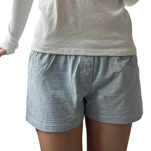 Lerrita Damen Pyjama-Shorts Gestreifte Einfarbige Kurze Hosen Blumen/Herz/Streifen Hohe Taille Kordelzug Kurze Hosen Herzmuster Schlafshorts Freizeit Hose Laufhose Kurz Sporthose Trainingshose von Lerrita