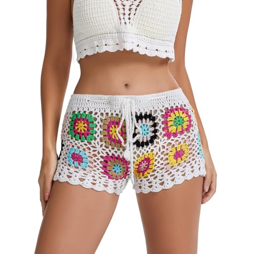 Lerrita Damen Sommer Strick Shorts Bunte Ausgehöhlte Kurze Hose Einfarbige Häkel Strick Badeshorts Elastische Taille Kordelzug Kurzehose Gehäkelte Boho Hohlstrick Strand Bikini Cover Up Casual Shorts von Lerrita