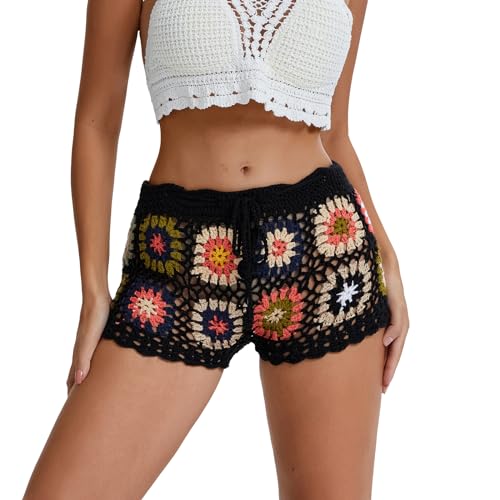 Lerrita Damen Sommer Strick Shorts Bunte Ausgehöhlte Kurze Hose Einfarbige Häkel Strick Badeshorts Elastische Taille Kordelzug Kurzehose Gehäkelte Boho Hohlstrick Strand Bikini Cover Up Casual Shorts von Lerrita