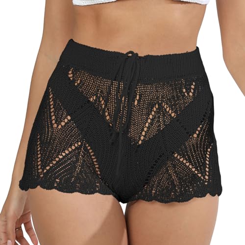 Lerrita Damen Sommer Strick Shorts Bunte Ausgehöhlte Kurze Hose Einfarbige Häkel Strick Badeshorts Elastische Taille Kordelzug Kurzehose Gehäkelte Boho Hohlstrick Strand Bikini Cover Up Casual Shorts von Lerrita