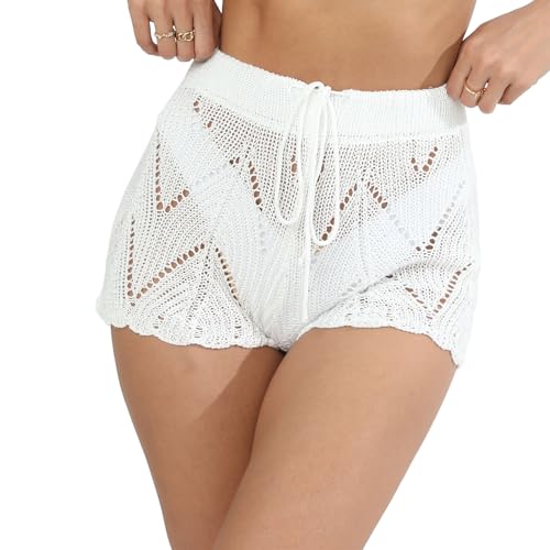 Lerrita Damen Sommer Strick Shorts Bunte Ausgehöhlte Kurze Hose Einfarbige Häkel Strick Badeshorts Elastische Taille Kordelzug Kurzehose Gehäkelte Boho Hohlstrick Strand Bikini Cover Up Casual Shorts von Lerrita