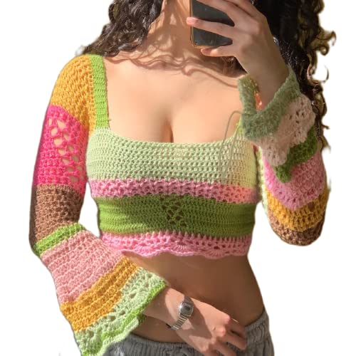 Lerrita Damen Sommer Strickwaren Y2k Strickwaren Hohlstrick Crop Tops Bunte Farbe Tank Tops Langarm Strick Häkel Top Farbeblock Square Oberteile Sommer Streetwear von Lerrita