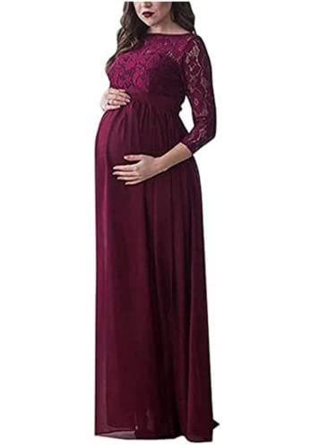 Lerrita Damen Umstandskleid Schwangerschaft Spitzen Kleid in Übergröße Langarm Maxi Photografie Kleid Umstandsmode Einfarfiges Lockeres Mutterschaft Kleid Schwangere Elegantes Fotoshooting Kleidung von Lerrita