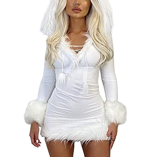 Lerrita Damen Weihnachten Pelz Hoodie Kleid Weihnachten Kostüm Weihnachtsfeier Figurbetontes Kleid Mit Kapuzen Weihnachtskleid Mit Pelz Santa Claus Kostüm Club Partyskleid von Lerrita