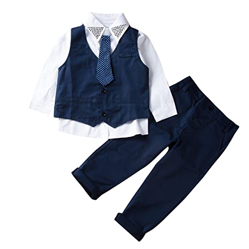 Lerrita Kinder Jungen Tauf Anzugsset Hochzeit 4tlg Bekleidungsset Jungen Gentleman Anzug Langarm Hemd+Fliege Krawatte +Weste+Hosenträgerhose Festanzug Herbst Frühling Kinder Outfits 1-7 Jahre von Lerrita