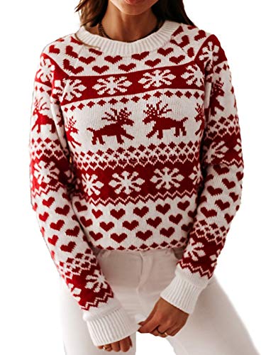 Lerrita Mädchen Weihnachtspullover Damen Langarm Rundhalsausschnitt Strickpullover Sweatshirt mit Hirschdruck Herzdruck Schneeflocke Mädchen Christmas Sweater (Weiß, Small) von Lerrita