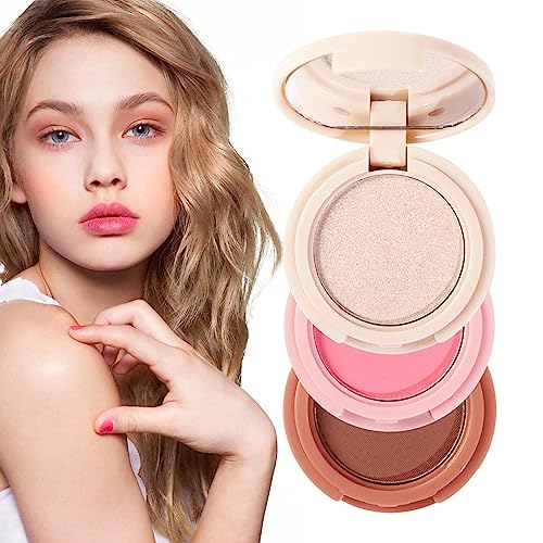 Highlighter-Make-up-Puderpalette | 3-in-1-Gesichtsrouge-Puder - Schimmernder, konturierender, schweißfester, langanhaltender, strahlender Look für Frauen Leryveo von leryveo