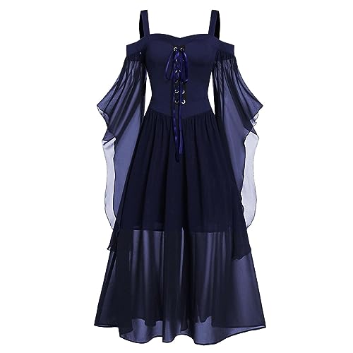 Leryveo Halloween Gothic Kleid Damen | Plus Size Kaltschultriges Mittelalterkleid mit Trompetenärmeln | Halloween Festliches Vintage Schwarzes Hexenkleid Cosplay für Frauen von leryveo