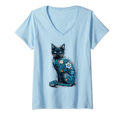 Damen Eine schwarze Katze mit Blumenmustern - künstlerische T-Shirt mit V-Ausschnitt von Les LionS2