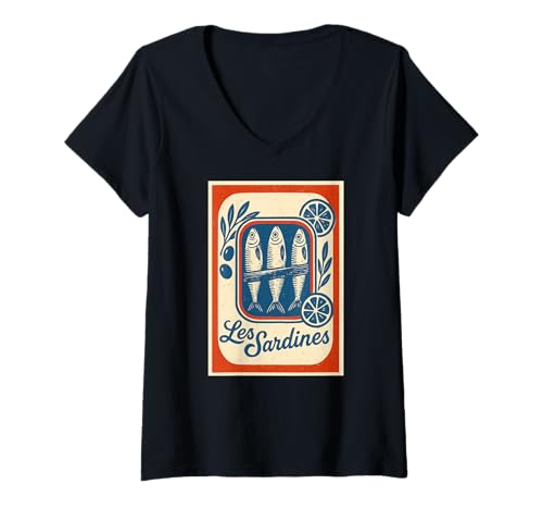Damen Les Sardines Red Stripes Summer Coastal Retro Tinned Sardine T-Shirt mit V-Ausschnitt von Les Sardines Fisherman Aesthetic Mediterranean