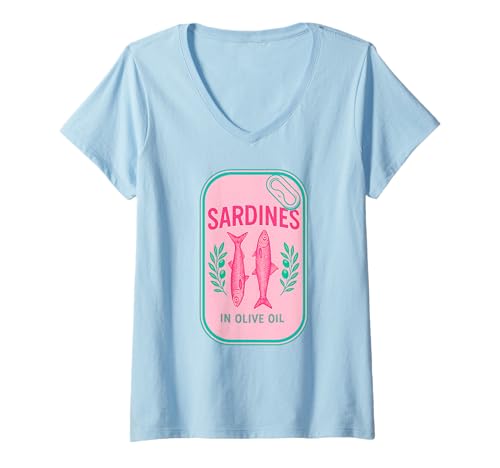 Damen Sardine Girl Summer Tinned Fish Coastal Italian Fisherman T-Shirt mit V-Ausschnitt Damen Sardine Girl Summer Tinned Fish Coastal Italian Fisherman T-Shirt mit V-Ausschnitt von Les Sardines Fisherman Aesthetic Mediterranean