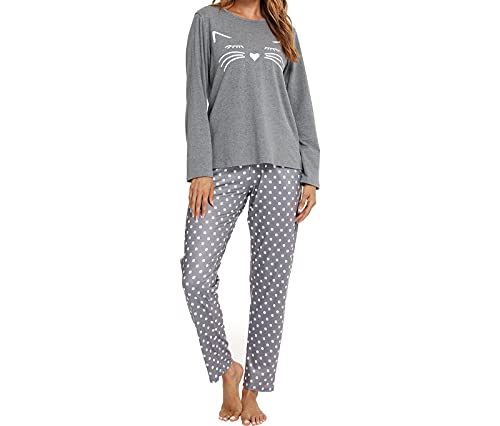 Damen-Pyjama-Set, 2-teilig, bequem, weich, Baumwolle, Loungewear, Nachthemd-Set, Grau Bedruckte Katze, 38 von Les-Theresa