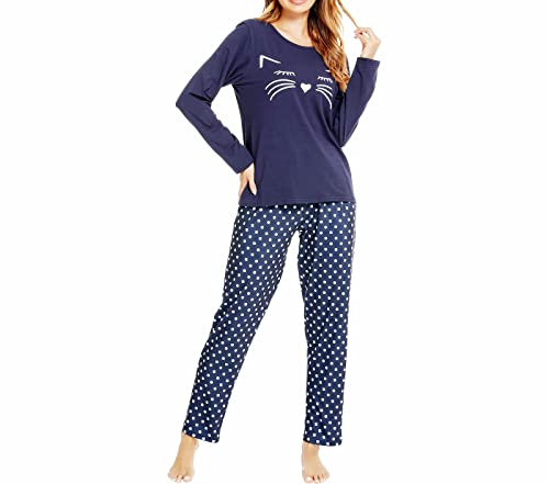 Schlafanzüge für Damen Lang, Damen Schlafanzug Lang Pyjama Set Pyjama Damen Baumwolle Zweiteiliger Pyjama Damen Loungewear Damen Set Langarm, Bequem Weiche Freizeit, Blaue Bedruckte Katze, 42 von Les-Theresa