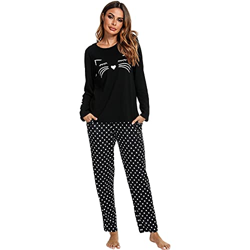 2-Teilig Schlafanzüge für Damen Lang, Pyjama Damen Set Langarm Pyjama Set Damen Baumwolle Schlafanzug mit Katzenmotiv Schlafanzug Damen Lang Baumwolle, Rundhalsausschnitt, Schwarz Bedruckte Katze M von Les-Theresa