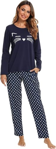 Schlafanzug Damen Baumwolle Pyjama Set, Lang Zweiteiliger Nachtwäsche Raglanärmel Sleepwear und Lange Pyjamahose, Herbst Winter Hausanzug Freizeitanzug von Les-Theresa