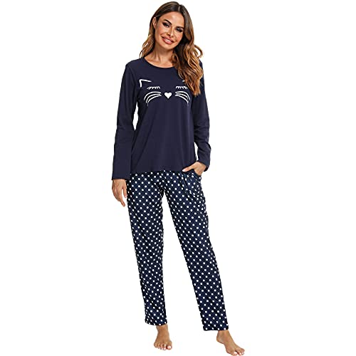 Les-Theresa Schlafanzug Damen Baumwolle Pyjama Set, Lang Zweiteiliger Nachtwäsche Raglanärmel Sleepwear und Lange Pyjamahose, Herbst Winter Hausanzug Freizeitanzug von Les-Theresa