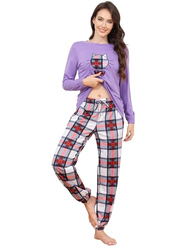 Les-Theresa Schlafanzug Damen Baumwolle Pyjama Set, Lang Zweiteiliger Nachtwäsche Raglanärmel Sleepwear und Lange Pyjamahose, Herbst Winter Hausanzug Freizeitanzug von Les-Theresa