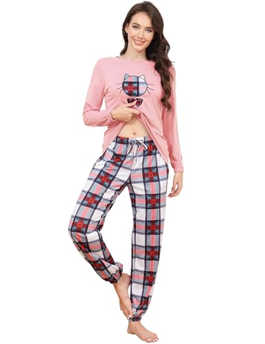 Schlafanzug Damen Baumwolle Pyjama Set, Lang Zweiteiliger Nachtwäsche Raglanärmel Sleepwear und Lange Pyjamahose, Herbst Winter Hausanzug Freizeitanzug von Les-Theresa