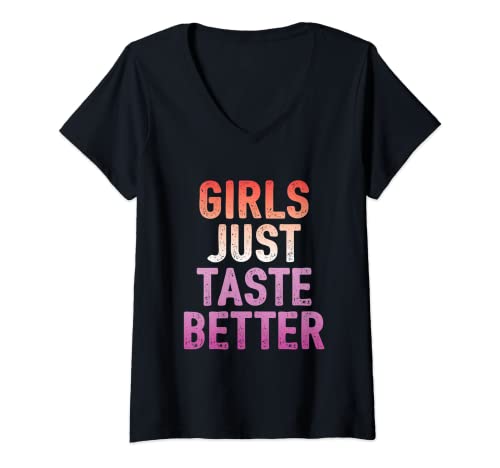 Damen Girls Just Taste Better – Lustige Flagge mit Lesben Stolz, Farben T-Shirt mit V-Ausschnitt von Les Vibes