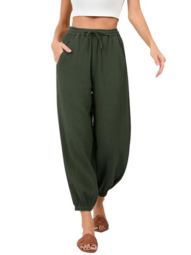 Damen Hosen Sommer Causl Leichte Yoga-Hosen Tunnelzug Locker Haremshose Baumwolle Freizeithosen Mit Taschen Grün M von Les umes