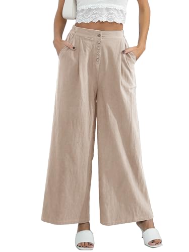 Les umes Damen-Baumwoll-Leinen-beiläufige hohe Taille weites Bein Lange Hose lockere einfarbige geknöpfte Hose mit Tasche Khaki S von Les umes