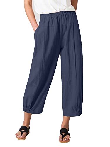 Les umes Damen Baumwolle Casual Cpri Hose Elastische Taille Lose Hose Yogahose mit Taschen Blau M von Les umes