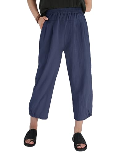 Les umes Damen Baumwolle Casual Cpri Hose Elastische Taille Lose Hose Yogahose mit Taschen Blau XL von Les umes