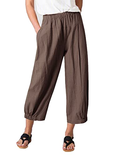 Les umes Damen Baumwolle Casual Cpri Hose Elastische Taille Lose Hose Yogahose mit Taschen Braun XL von Les umes